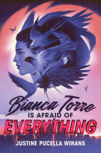 a person's head is on the top of the cover looking towards the left. Over the back of their head are three birds in flight going in various directions. below them as the title and authors name and a skyline of a city in the background. THe cover is purple and pink in the center with black on the edges. 