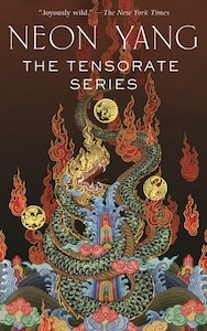 The book cover has many different patterns and designs on the cover set against a black background with red hues at the top right. There plants at the at the bottom spaced around the curls of a dragons tail and water spouts around the tail and balls of fire. There are yellow symbols that have dragons drawn inside them. The title is written across the top with the authors name above the title.