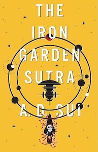 The cover of the book is yellow with two circles with various spheres on top in orbit around a space station with multiple modules. Below the circles is a triangular shape with a human skull over it and red vines growing around it. The title is written one word on each line down the center with the author's name at the bottom.