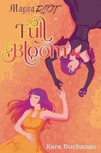 The cover of the book is mostly in dark orange with shades of lighter orange at the top left and bottom right. Two girls are laying down on the cover one from the bottom left side wearing a yellow sleeveless dress and has long purple hair. The other is upside down on the cover from the top right and is wearing a sleeveless purple dress and purple gloves that extend down past her elbows and she has purple hair the title is in the top left corner and the authors name at the bottom right. 