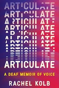 The book cover for Articulate is a blend of purple on the left and dark pink on the right with the word Articulate written in all caps repeatedly down the cover, overlapping several times. The subtitle is at the bottom and then the author's name.