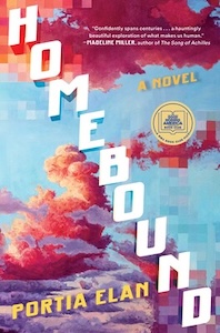 The cover of Homebound depicts a cloudy sky where the clouds are pink and purple against the blue sky. The title is written diagonally across the cover from top left to bottom right and the authors name is in the bottom left corner.  