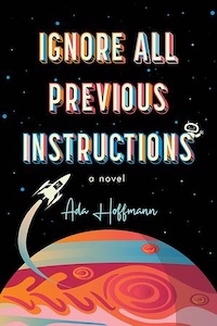 The cover is a cartoon style drawing of a planet at the bottom with a space ship flying up and towards the right. There are stars in the background a the title is written in multiple colors down the center of the cover with the authors name below the title. 